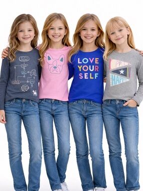 Girls Cat & Jack Long Sleeve Graphic Size M 7/8 Cute Casual Top Bundle of 4
